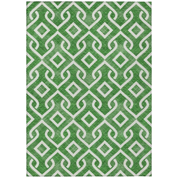 Emerald, Ivory 5 ft. x 8 ft. Woven Geometric Polyester Rectangle Indoor/Outdoor Area Rug