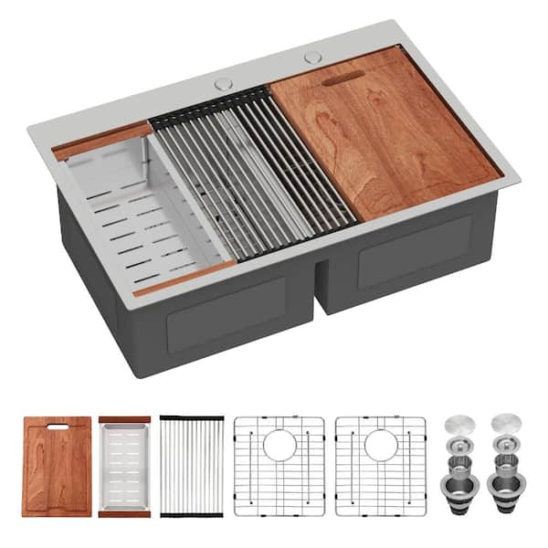 33 in. Drop-in 50/50 Double Bowl 16-Gauge 304 Stainless Steel Low-divide Workstation Kitchen Sink with Accessories