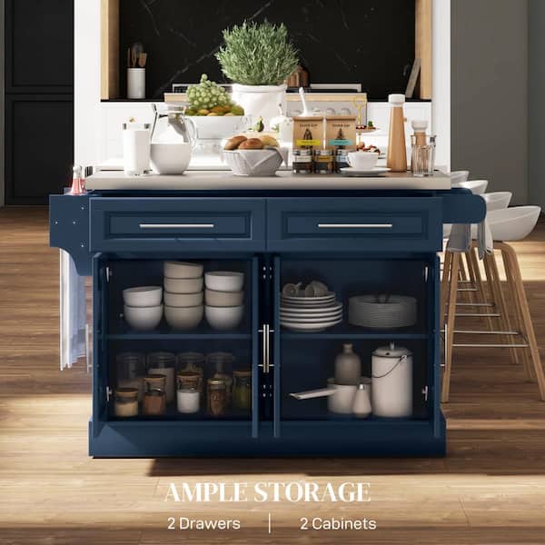 HOMCOM Dark Blue Metal Top 57 in. Kitchen Island with