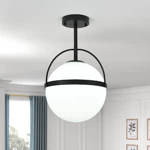 1-Light Semi-Flush Mount Ceiling Light Black Pendant Light with White Globe Glass Shade for Living Room,Entryway,Hallway