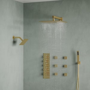 15-Spray Fixed and Handheld Shower Head with 16 in. Wall Mount Dual Shower Heads in Brushed Gold