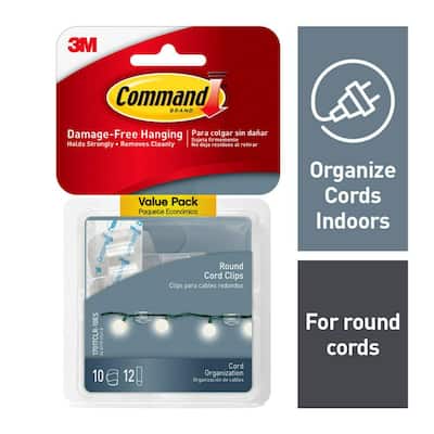 Round Cord Clips, Clear, Damage Free Organizing, 10 Cord Clips and 12 Strips