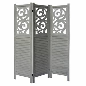 5.5 ft. Distressed White 3-Panel Wooden Room Divider Privacy Screen with Scrolled Cut Out and Shutter Design