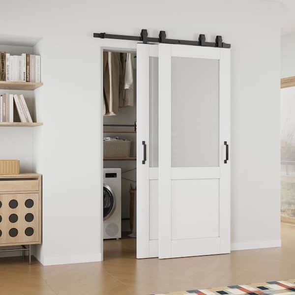 ARK DESIGN 52 in. x 80 in. (Double 30 in. ) 1/2-Lite Frosted Glass White Primed MDF Sliding Barn Door with Hardware Kit Bypass