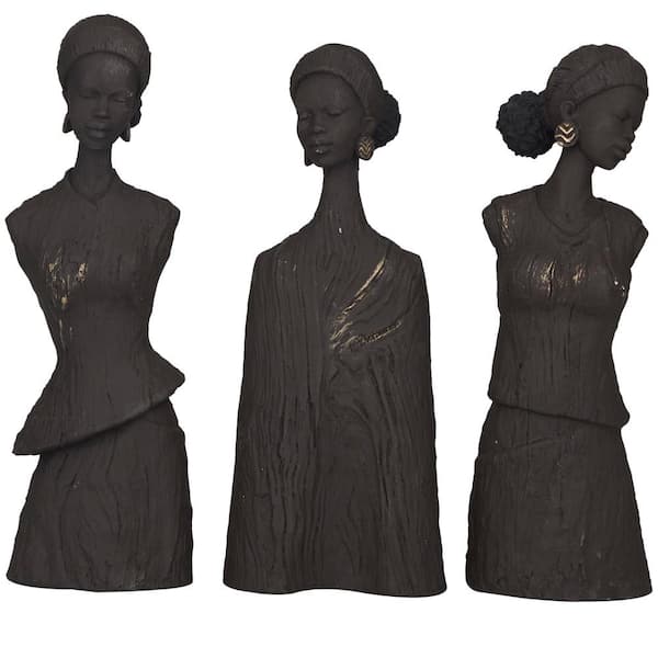Litton Lane Dark Gray Polystone African Woman Sculpture (Set of 3)