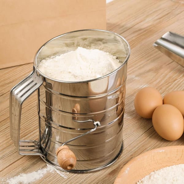 3-Cup Flour Sifter for Baking Fine Mesh Rotary Hand Crank with Double Loop Agitator Stainless Steel