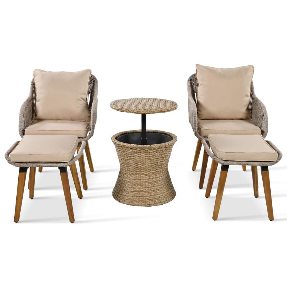 Brown 5-Piece Outdoor Patio Conversation Set with Wicker Cool Bar Table, Ottomans and Light Brown Cushions price history on PriceWatchPro
