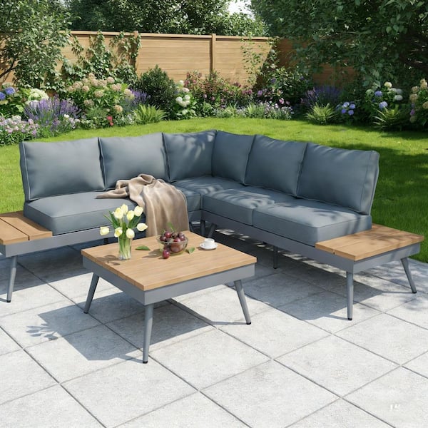 4-Piece V Shaped Metal Outdoor Patio Sofa Set with Gray Cushions