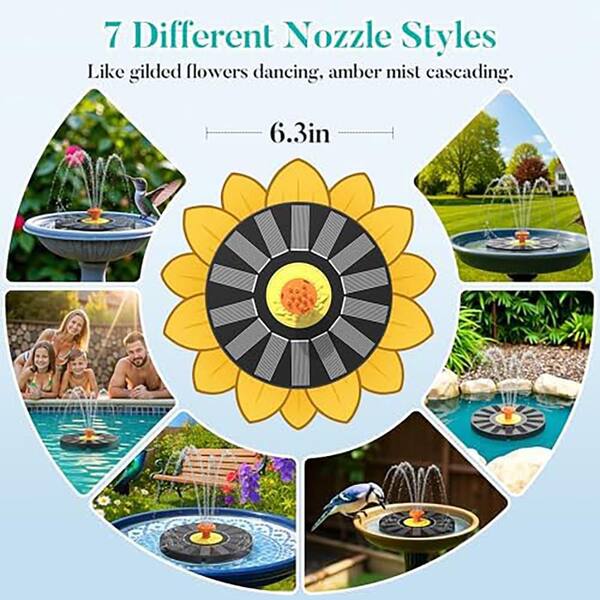 thumbnail image 2 of 1W Solar Bird Bath Fountain With 6 Nozzles Solar Powered Floating Fountain Pump For Bird Bath Garden Pond Pool Fish Tank Outdoor 2 of 11