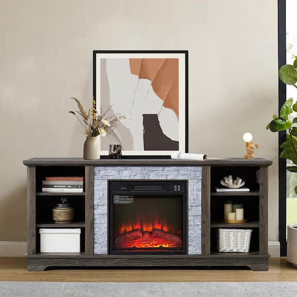58 in. W Freestanding Wooden Modern Electric Fireplace TV Stand with Faux Stacked Stone Surround in Grey