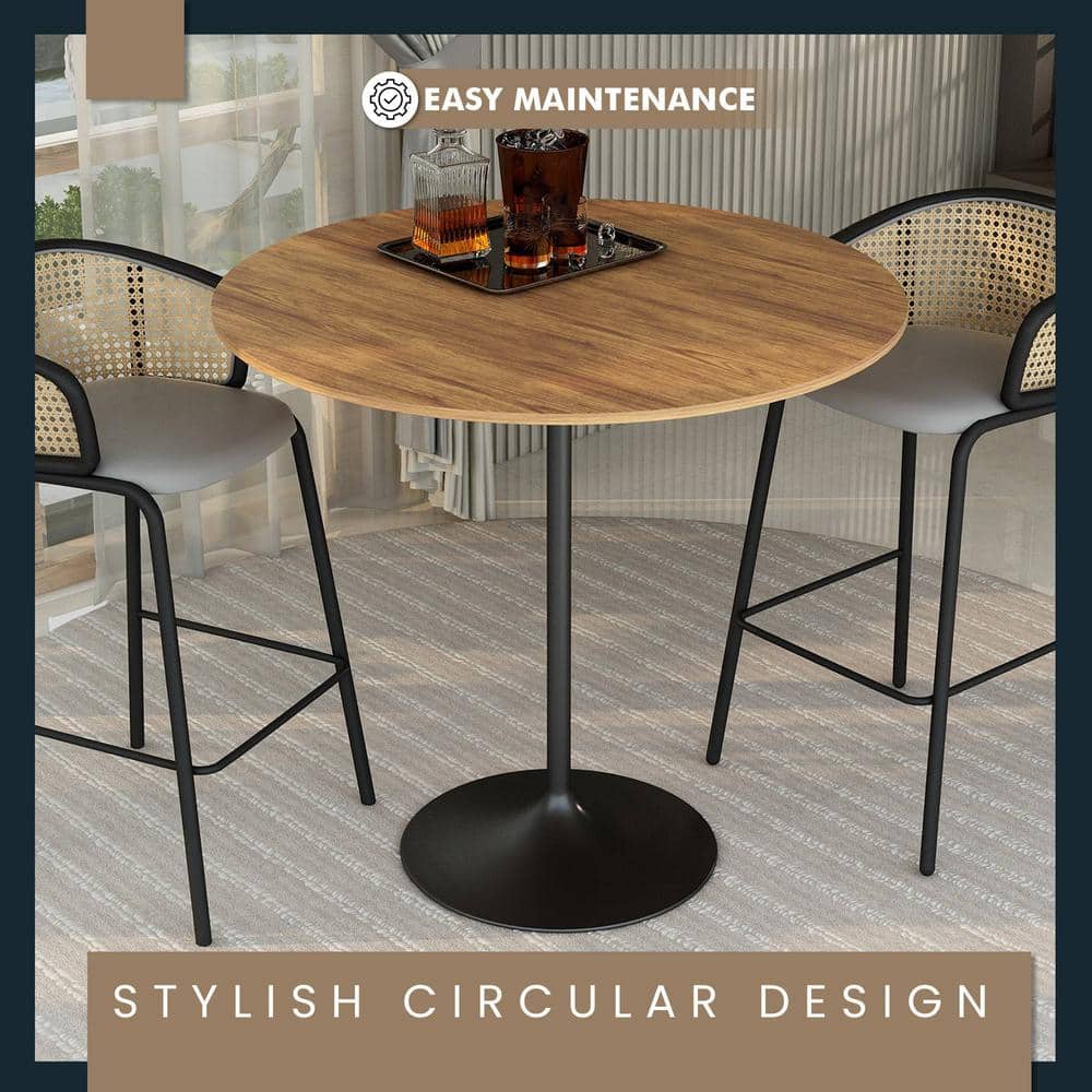 Cognac Brown Round MDF Bar Height Dining Table with Black Pedestal Base