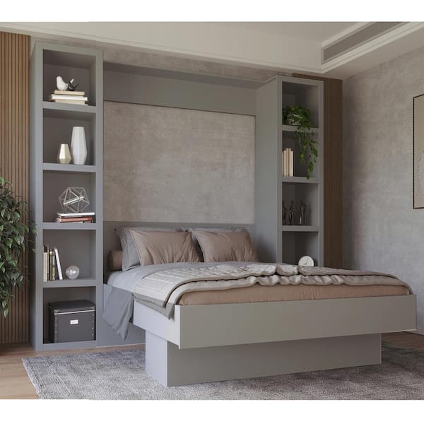 Oakland Living Easy-LiftWood Gray Frame Queen Murphy Bed with Bookshelf ...