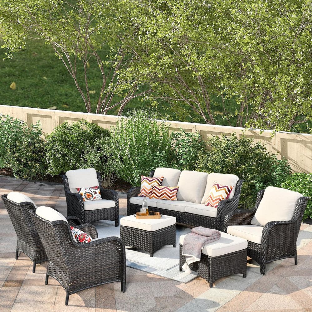 XIZZI Santorini Brown 7-Piece Wicker Outdoor Patio Conversation Seating ...