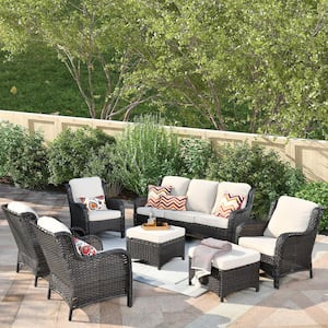 Santorini Brown 7-Piece Wicker Outdoor Patio Conversation Seating Sofa Set with Beige Cushions