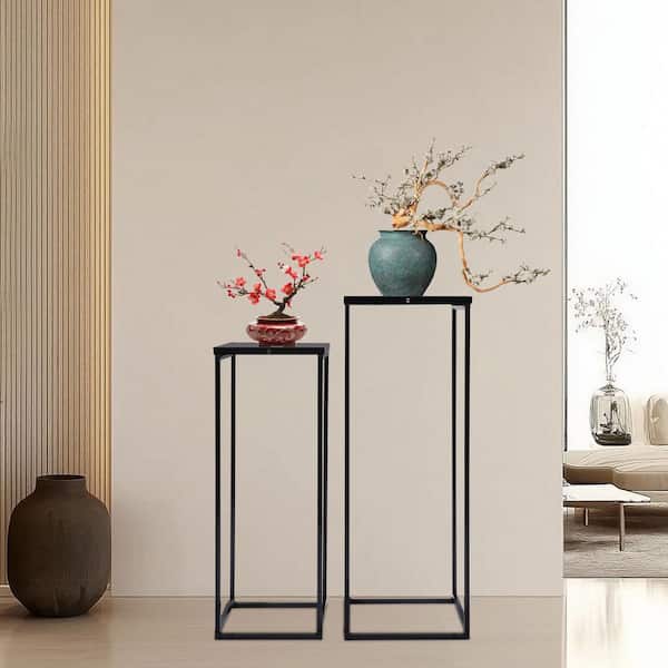 2-Pieces Metal Plant Stand Modern Flower Pot Rack Indoor Outdoor Square Plant Holder Black