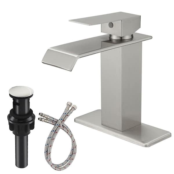 Single Handle Waterfall Spout Single Hole Bathroom Faucet with Deckplate and Drain and Touch On Brushed Nickel 1 Pack