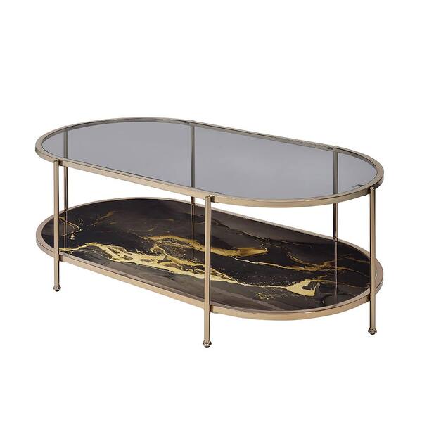 Acme Furniture Fiorella 26.5 in. Black Marble Print and Champagne Finish Metal C Shaped End Table