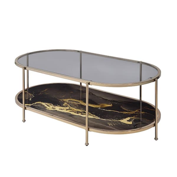 Fiorella 26.5 in. Black Marble Print and Champagne Finish Metal C Shaped End Table
