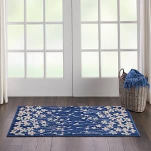 Tranquil Navy Blue Doormat 2 ft. x 4 ft. Floral Modern Kitchen Area Rug