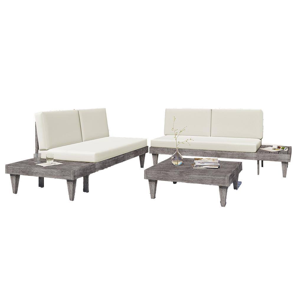 3-Piece Wood Outdoor Patio Furniture Set Solid Sectional Sofa Set with Side