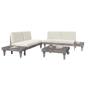 3-Piece Wood Outdoor Patio Furniture Set Solid Sectional Sofa Set with Side Table, Coffee Table and Beige Cushions