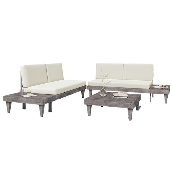 Unbranded 3-Piece Wood Outdoor Patio Furniture Set Solid Sectional Sofa Set with Side Table, Coffee Table and Beige Cushions