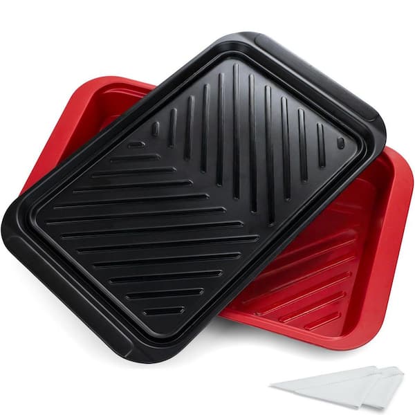 Red and Black Melamine Grilling Prep and Serve Tray Set with Spill-Resistant Ridges, 2Pcs