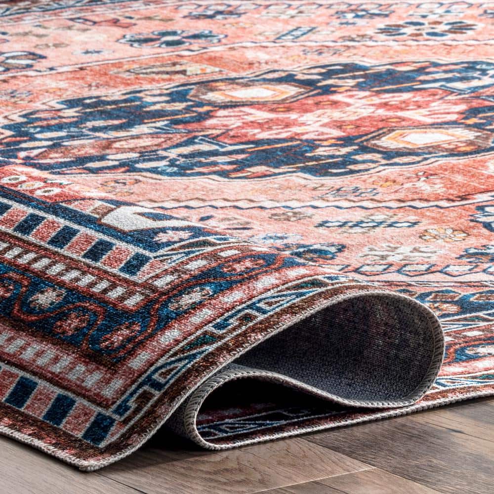 Blue and Beige Medallion Washable Synthetic Area Rug