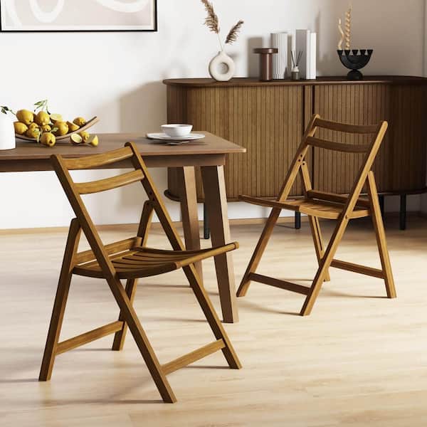 Walnut Folding Dining Chair with Rubber Wood Frame Slatted Seat Curved Backrest Set of 2