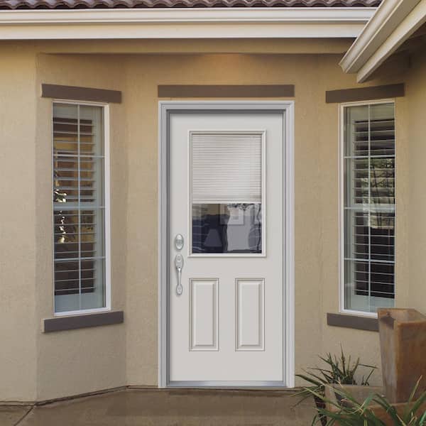 30 in. x 80 in. Internal Blinds Right-Hand 1/2-Lite Clear 2-Panel Classic Primed Fiberglass Smooth Prehung Front Door