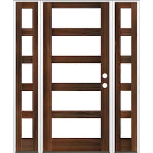 70 in. x 96 in. Modern Hemlock Left-Hand/Inswing 5-Lite Clear Glass Red Mahogany Stain Wood Prehung Front Door w/DSL