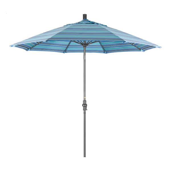 California Umbrella 9 ft. Hammertone Grey Aluminum Market Patio Umbrella with Collar Tilt Crank Lift in Dolce Oasis Sunbrella