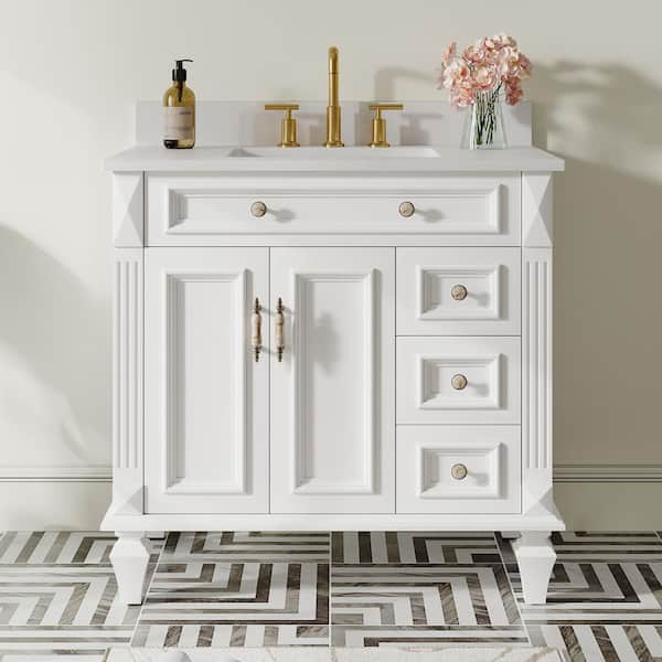 36 in.W x 22 in.D x 35 in.H Solid Wood Bath Vanity in White with Carrara White Quartz Top,Single Sink,Soft-Close Drawers