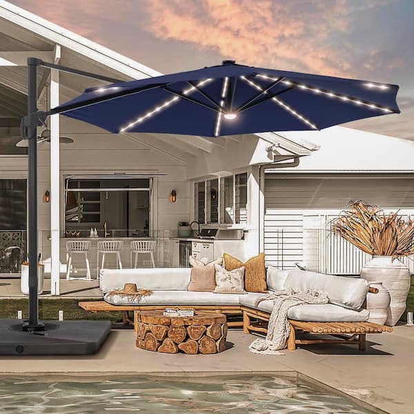 11 ft. LED Outdoor Cantilever Patio Umbrella with a Base and 360° Rotation and Infinite Canopy Angle Navy Blue