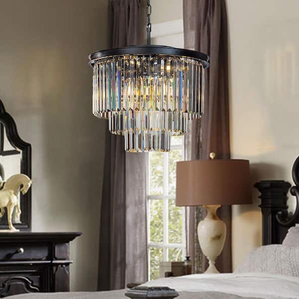 19.7in. 6-Lights Modern Matte Black 3-Tier Round Crystal Fringe Chandelier