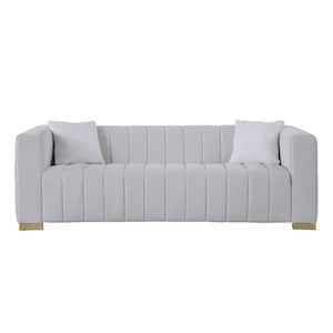 Modern 85.8 in. Square Arm Velvet 3 Seater Rectangle Channel Sofa Traditional Chesterfield Sofa with Pillows in. White