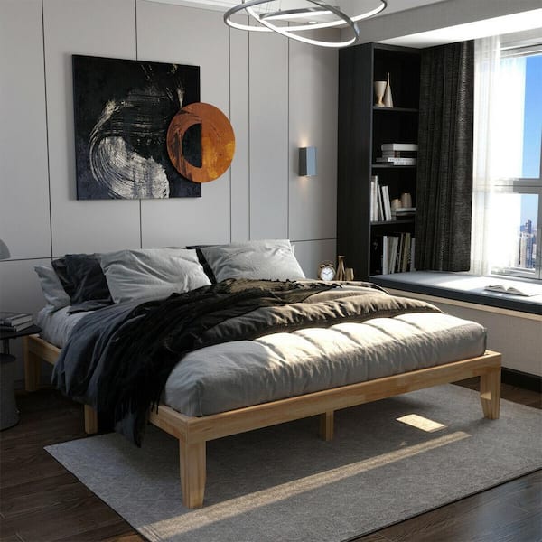14 in. Natural King Size Wood Platform Bed Frame without Headboard