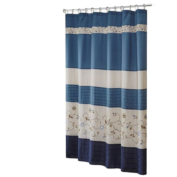 Afoxsos 72 in. W x 72 in. L Faux Silk Embroidered Floral Polyester Shower Curtain in Blue