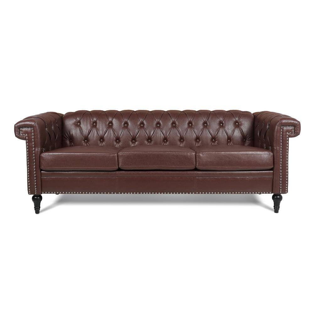 83 in. W Square Arm Leather Traditional Straight 3 Seater Sofa in Brown ...