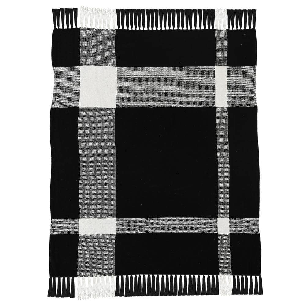 Hailee Black/White Hand-Woven Plaid Farmhouse All Natural Cotton Throw Blan