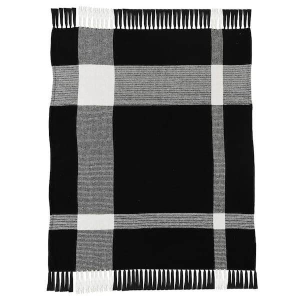 Unbranded Hailee Black/White Hand-Woven Plaid Farmhouse All Natural Cotton Throw Blanket