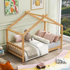 Natural Wood Twin Size House Bed Platform Bed with Headboard and Footboard, Wood Kids Tent Bed Floor Bed with House Roof