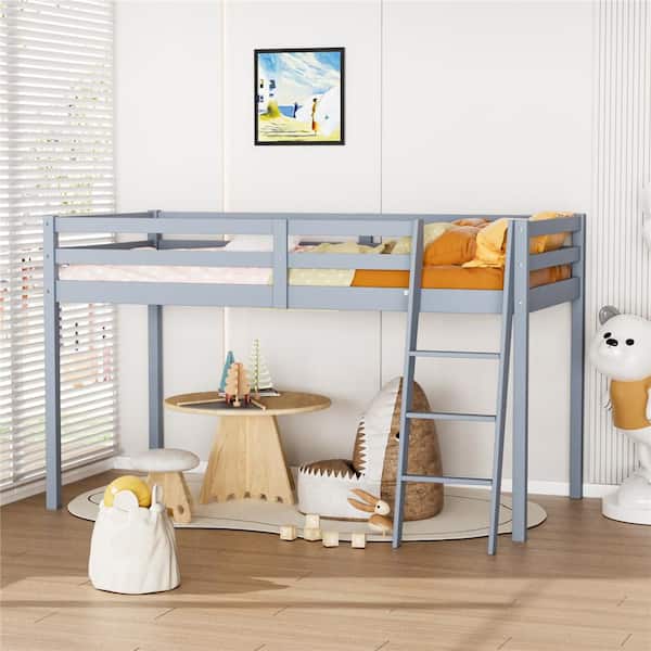 Karl home Gray Wood Twin Size Junior Low Loft Bed with Stairs for Adults, Kids and Young Teens