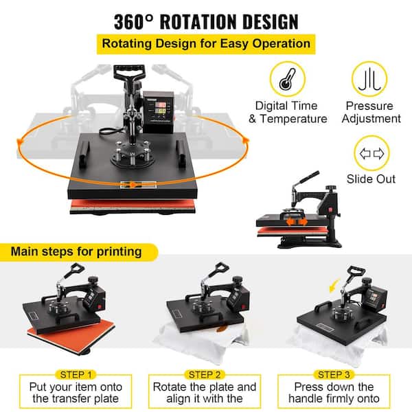 Have a question about VEVOR 15 in. L x 15 in. W Heat Press Machine 8 in 1  Dual LED Display 360° Rotation Swing Away T-Shirt Press Machine, Black? -  Pg 1 - The Home Depot