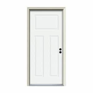 32 in. x 80 in. 3-Panel Craftsman White Painted Steel Prehung Left-Hand Inswing Front Door w/Brickmould