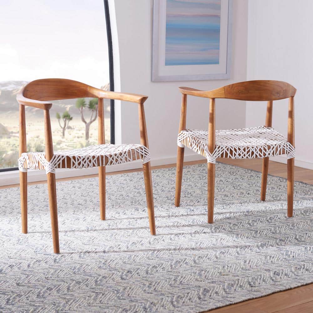 Natural Mindi Wood and White Leather Woven Accent Chair