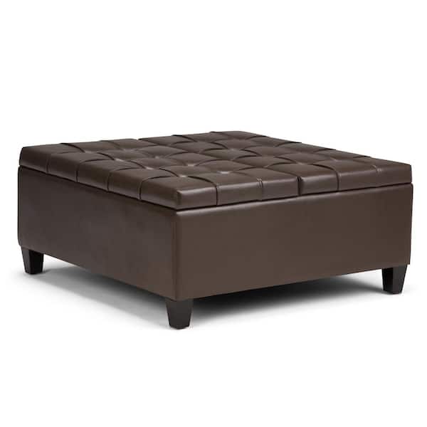 Simpli Home Harrison 36 in. Wide Transitional Square Coffee Table Storage Ottoman in Chocolate Brown Vegan Faux Leather