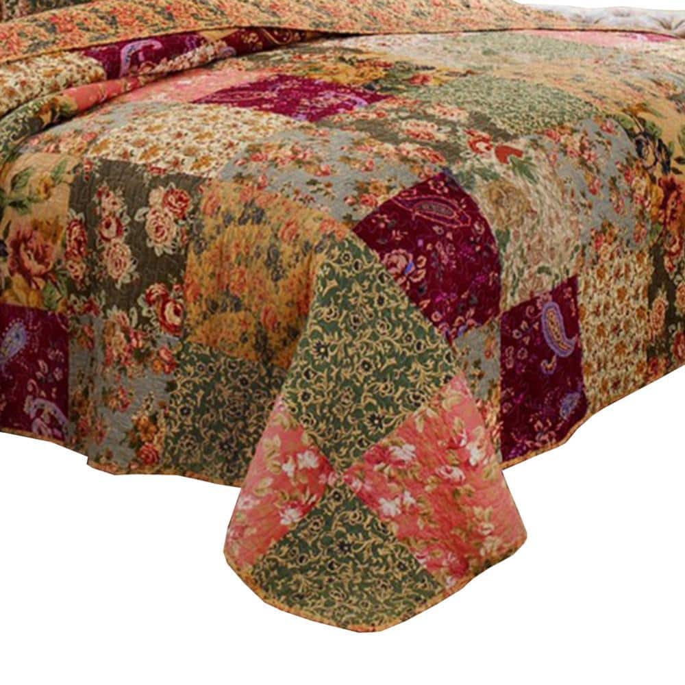 Multicolor Floral Patchwork Queen Microfiber Quilt Set