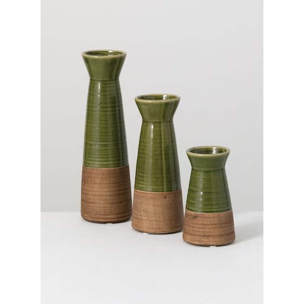 SULLIVANS 10", 7.5", and 5" Two-Toned Green and Brown Wide Mouth Ceramic Vase (Set of 3)
