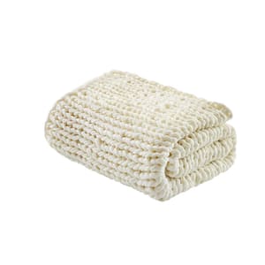 Chunky Double Knit Ivory 50 in. x 60 in. Handmade Throw Blanket